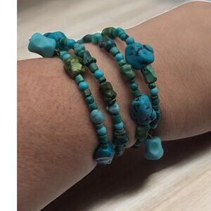 Turquoise Beaded Wrap Bracelet Boho Memory Wire Layered Southwestern